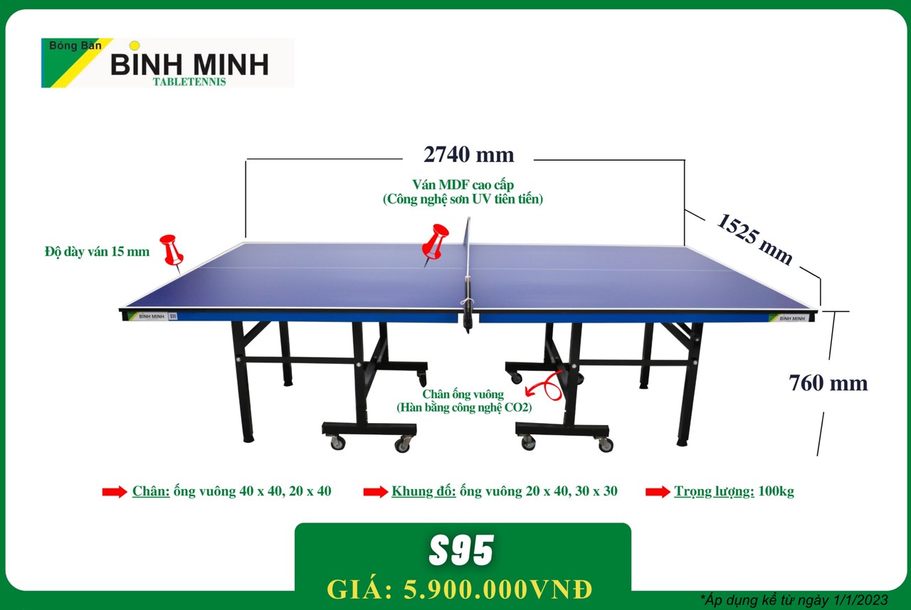 Giá bàn bóng bàn Bình Minh S95 khá rẻ, chỉ khoảng 5.600.000 VNĐ